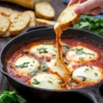 Baked mozzarella marinara dip with cheese and marinara sauce served in a dish