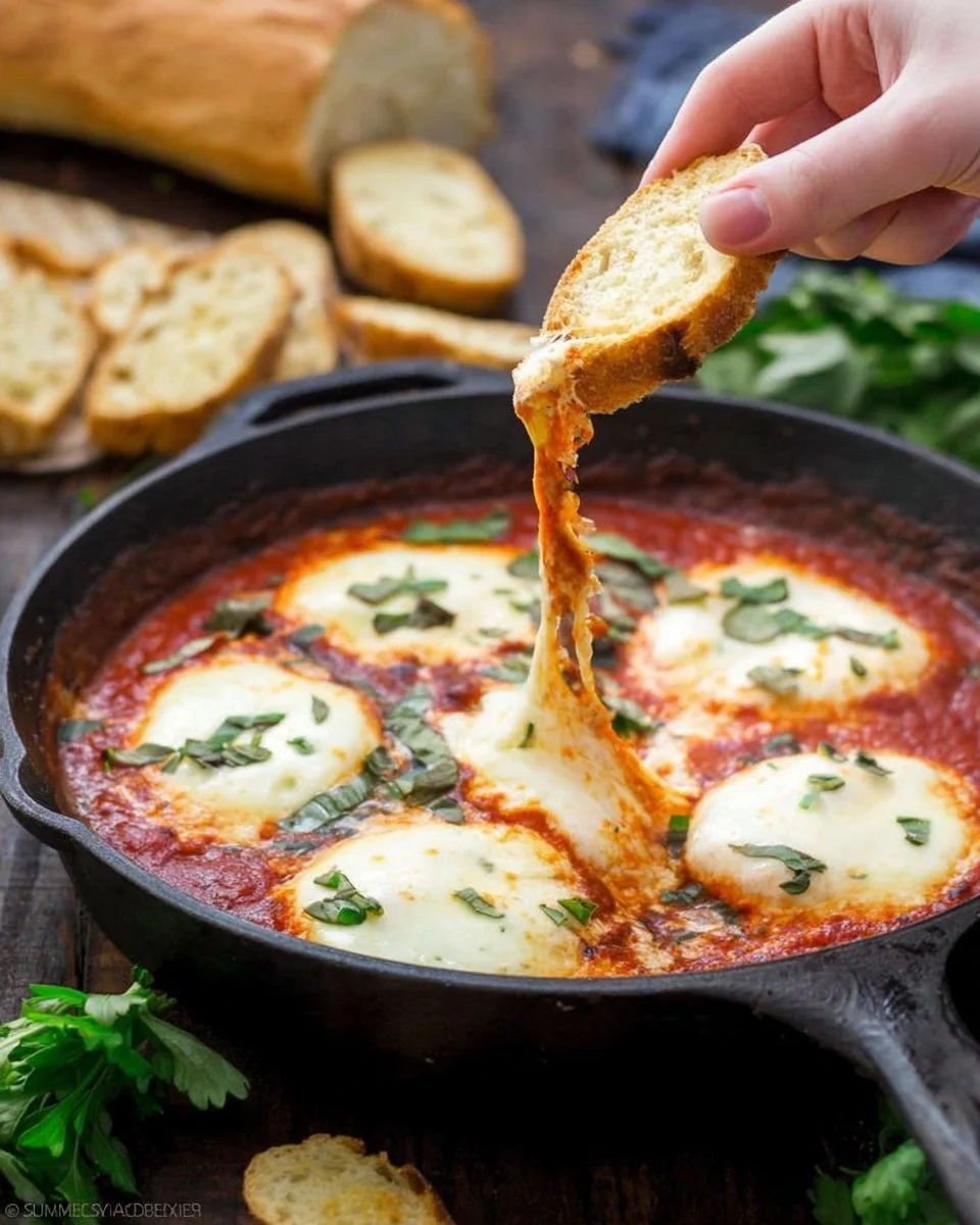 Baked mozzarella marinara dip with cheese and marinara sauce served in a dish