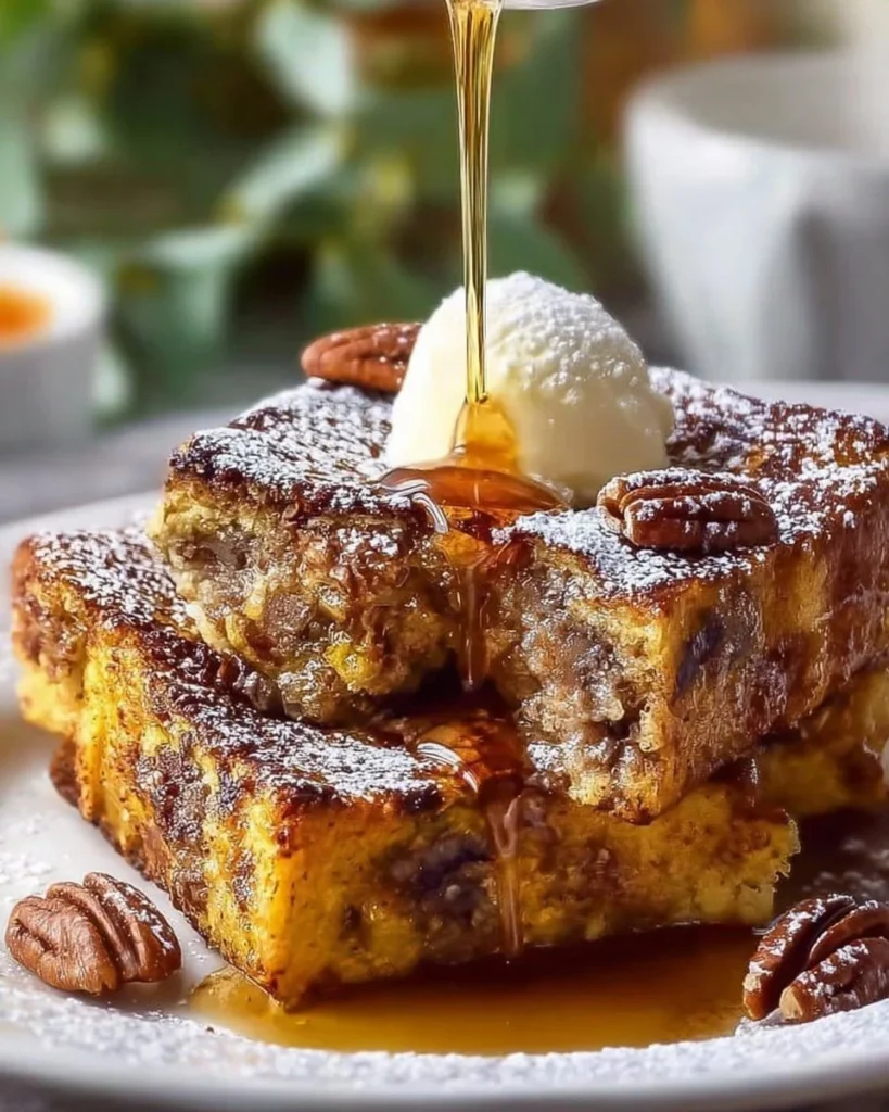 Baked Pecan French Toast topped with nuts and syrup, a healthy breakfast option.