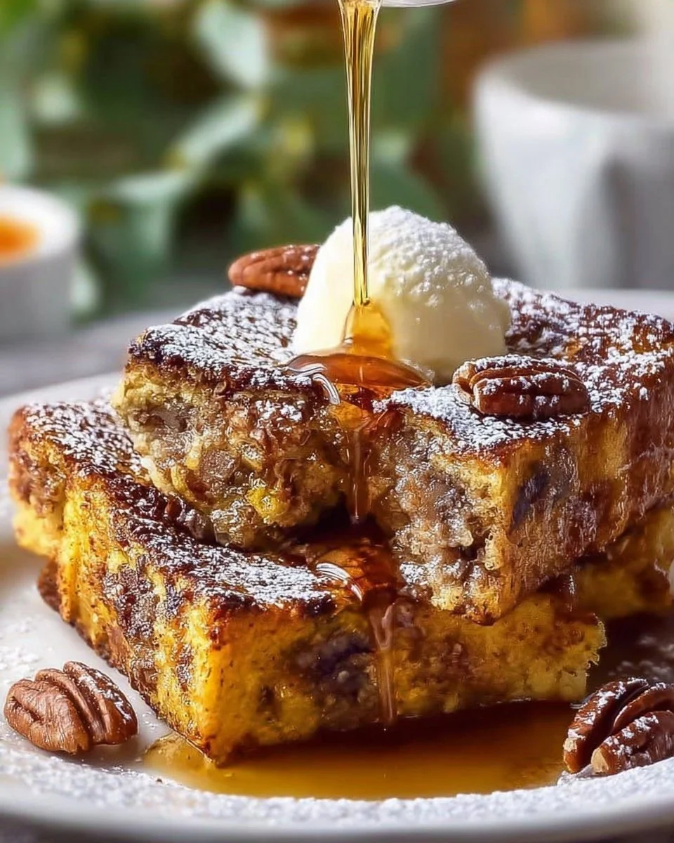 Baked Pecan French Toast topped with nuts and syrup, a healthy breakfast option.
