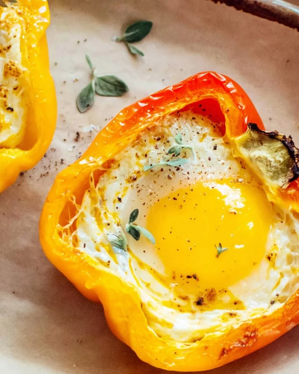 Baked pepper egg cups served on a plate with herbs garnish