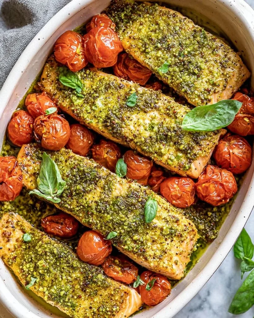 Baked pesto salmon with colorful vegetables on a plate