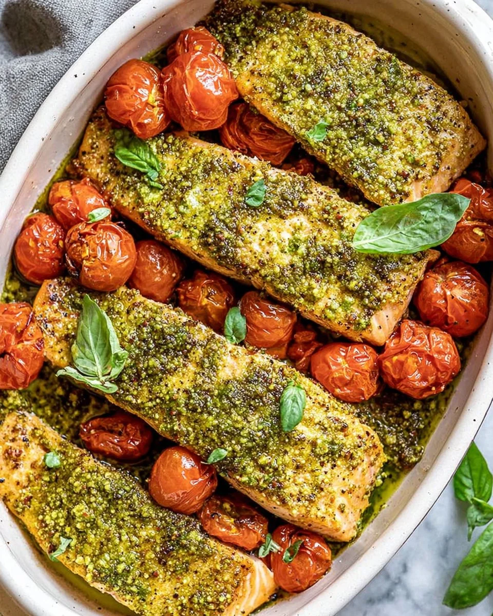 Baked pesto salmon with colorful vegetables on a plate