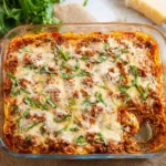 Baked spaghetti casserole dish with melted cheese and herbs
