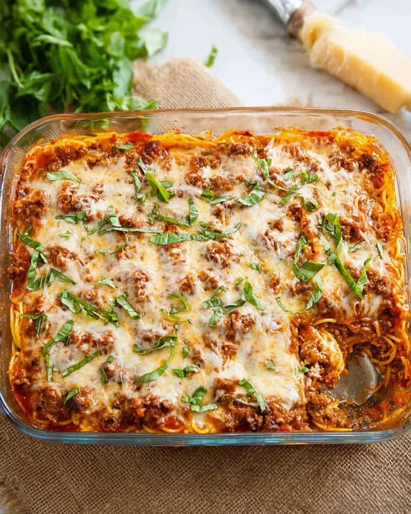 Baked spaghetti casserole dish with melted cheese and herbs