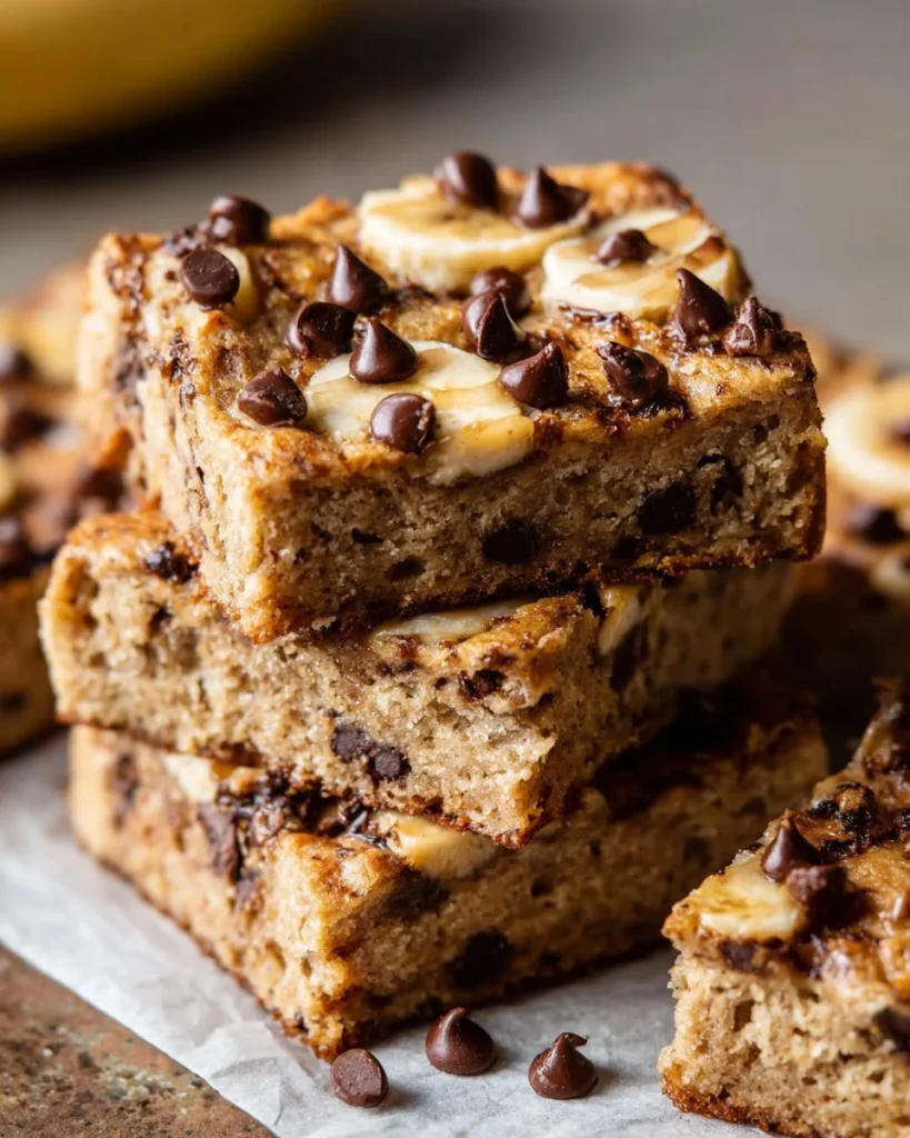 Freshly baked banana bars on a wooden table
