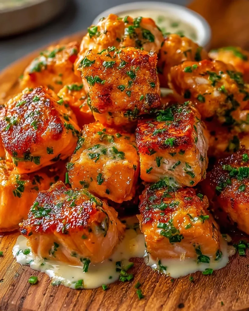 Plate of Bang Bang Salmon Bites garnished with green onions