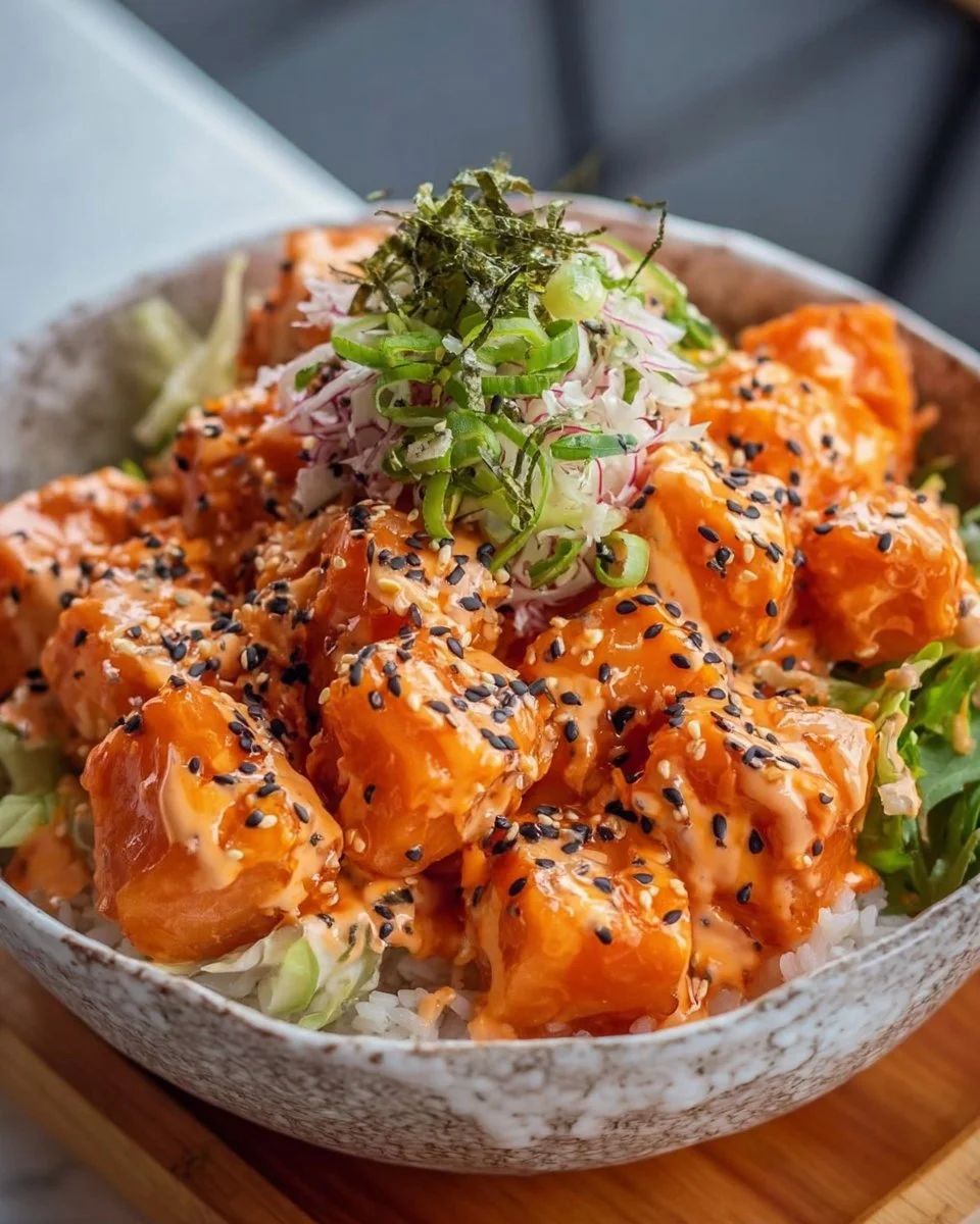 Bang Bang Salmon Bites Bowl featuring crispy salmon bites and vibrant vegetables
