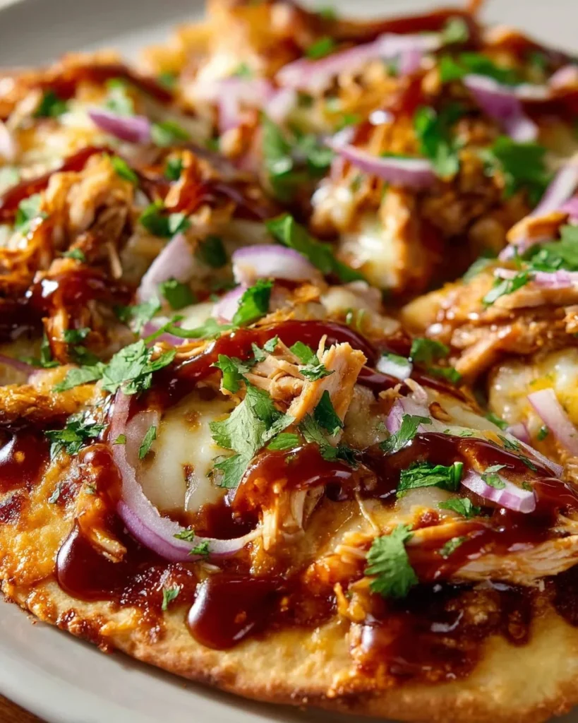 BBQ chicken flatbread topped with grilled chicken, barbecue sauce, and fresh herbs