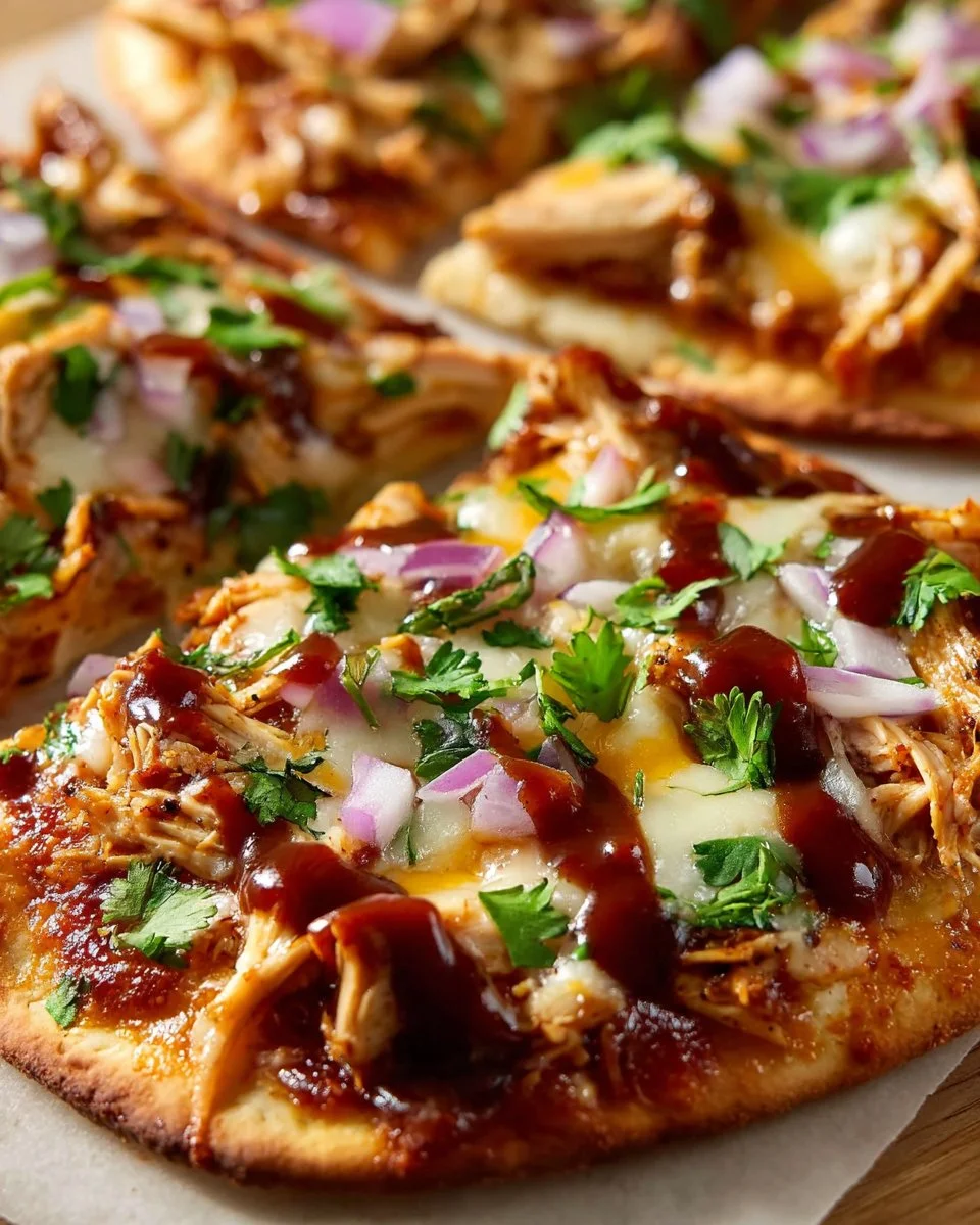 Delicious BBQ chicken flatbread topped with fresh ingredients and savory sauce