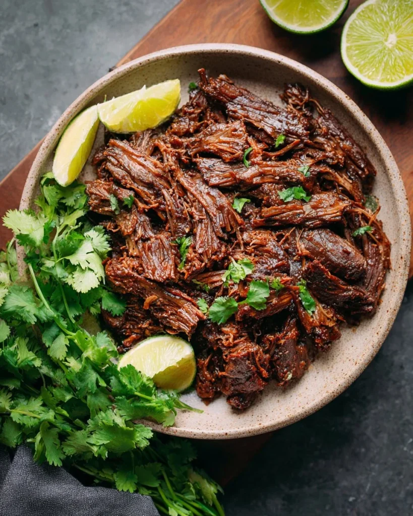 Delicious Beef Barbacoa served in a taco with fresh toppings
