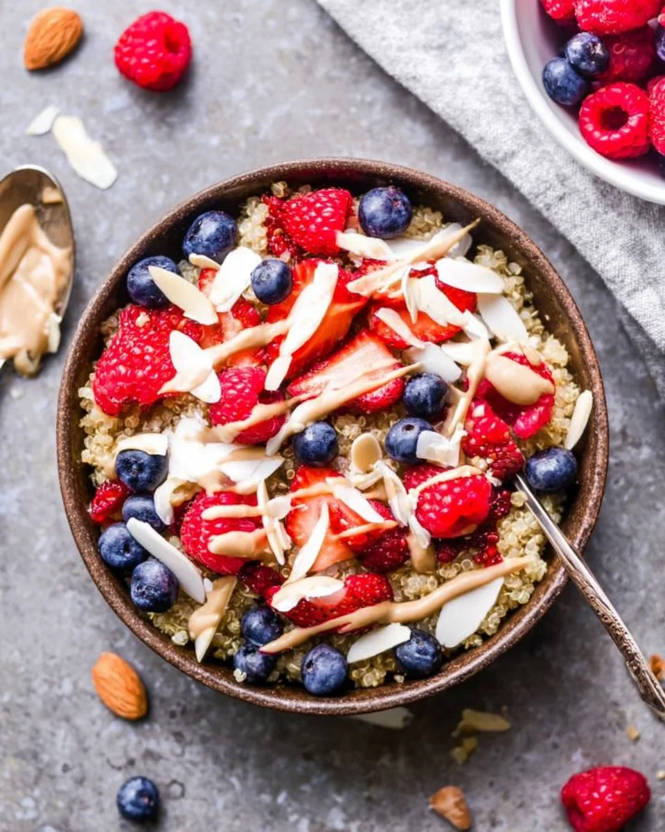 Berry quinoa breakfast bowl topped with fresh fruits and nuts