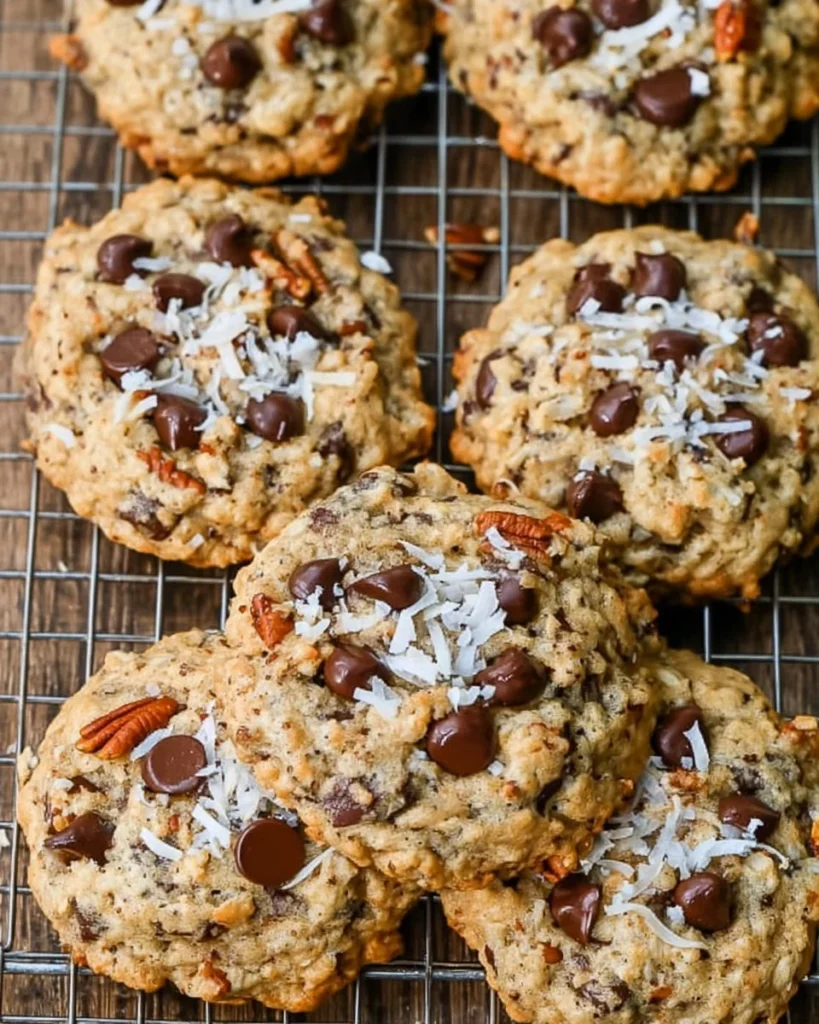 Delicious homemade cowboy cookies with oats, chocolate chips, and nuts.