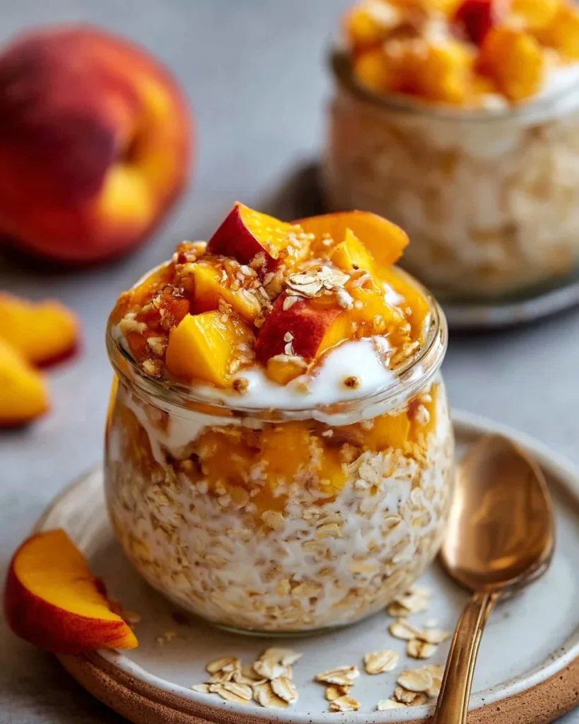 Delicious bowl of peach cobbler oats topped with fresh peaches and cinnamon