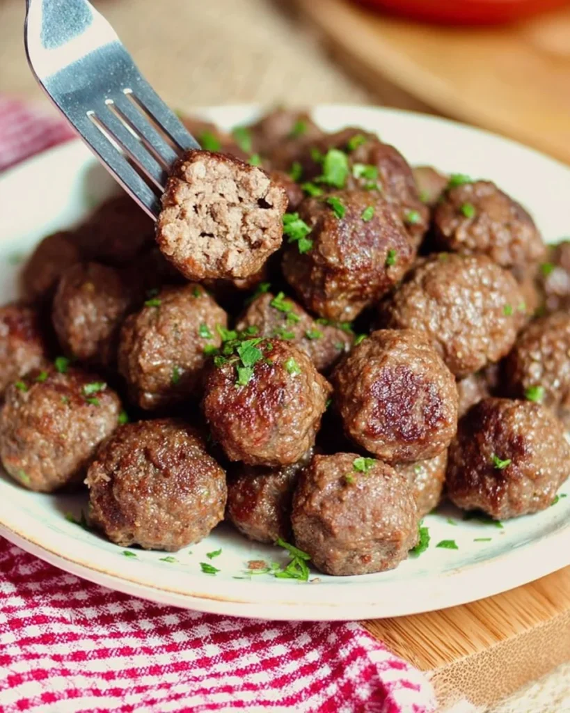 Plate of homemade vegan meatballs with fresh herbs and tomato sauce