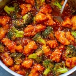 Plate of Better-Than-Takeout Sticky Chicken and Broccoli dish