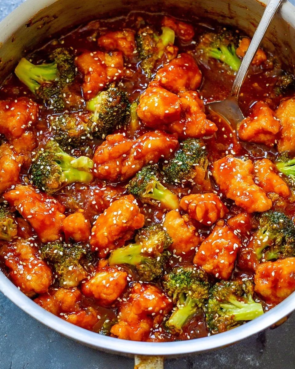 Plate of Better-Than-Takeout Sticky Chicken and Broccoli dish