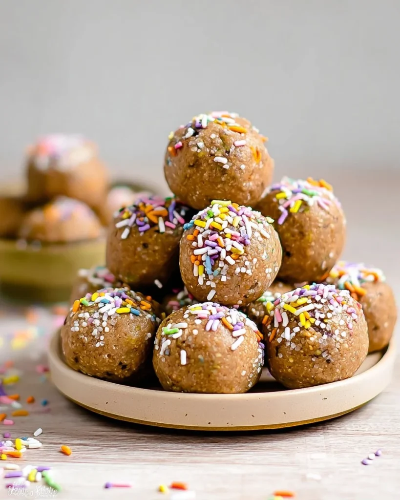 Delicious birthday cake protein balls topped with colorful sprinkles