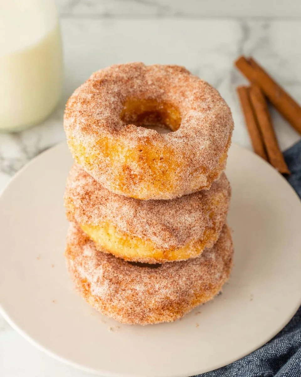 Delicious homemade biscuit donuts stacked on a plate