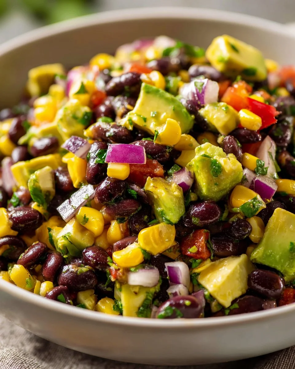 Delicious Black Bean Corn Avocado Salad with vibrant vegetables and beans.