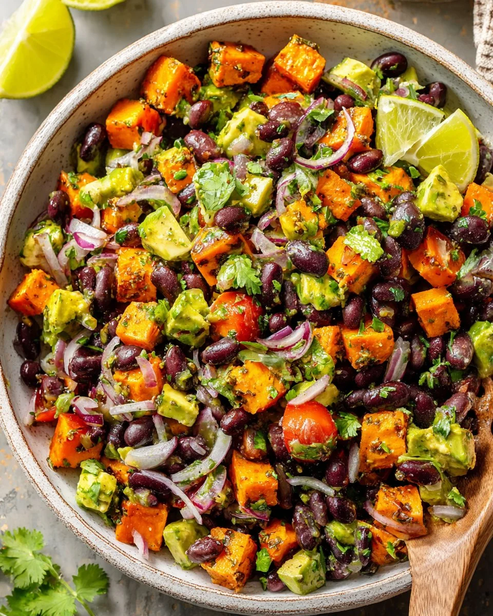 Colorful black bean salad with vegetables and herbs in a bowl