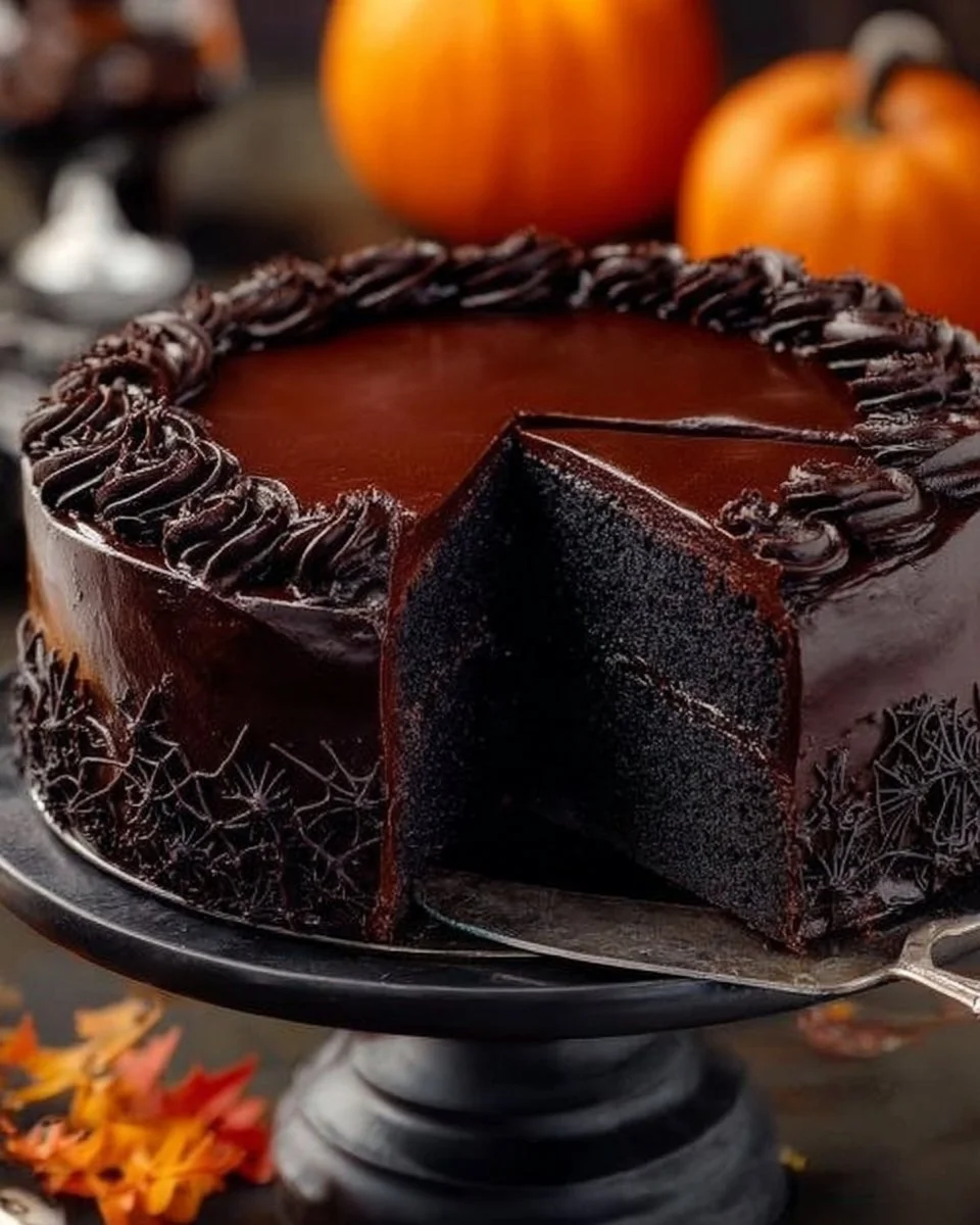 Spooky Black Velvet Halloween Cake decorated for Halloween festivities