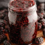 Homemade blackberry jam in a jar with fresh blackberries on the side
