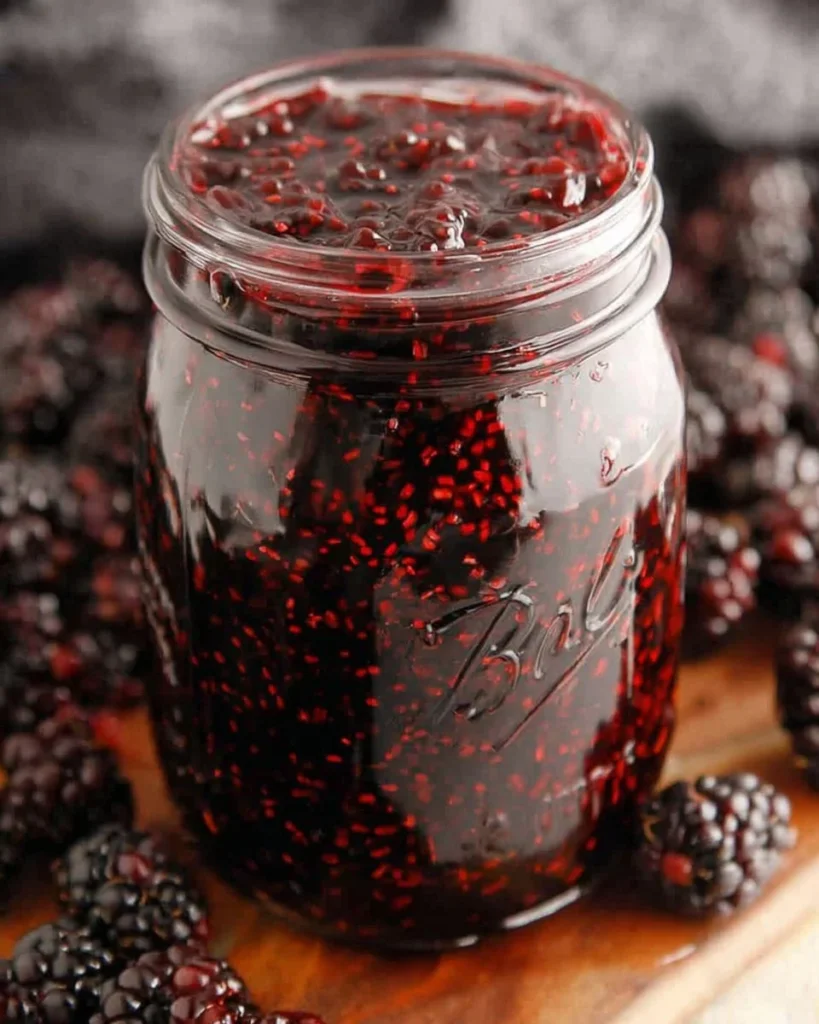 Homemade blackberry jam in a jar with fresh blackberries on the side
