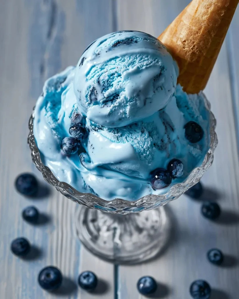 Delicious Blue Moon Ice Cream in a bowl with sprinkles and a spoon.