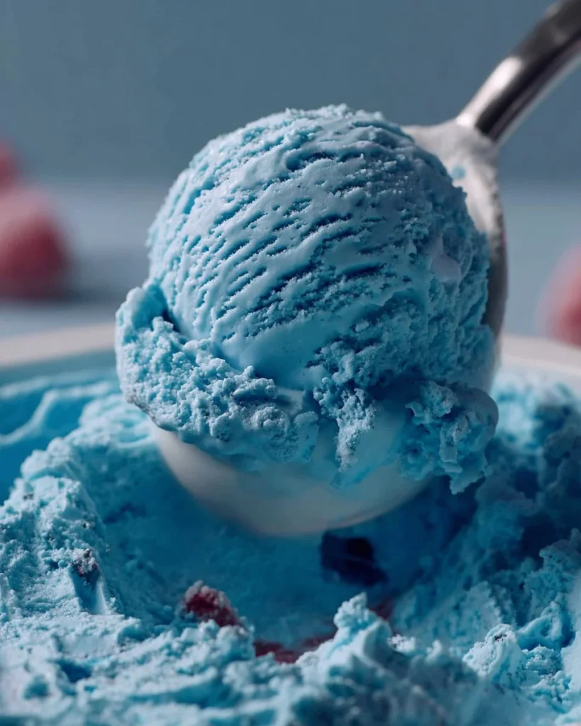 Delicious blue raspberry ice cream in a bowl with colorful sprinkles