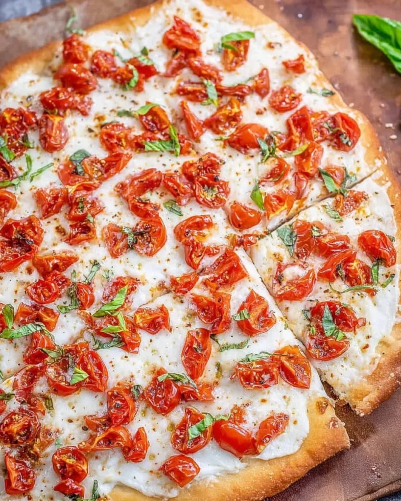 Delicious bruschetta pizza topped with fresh tomatoes and basil