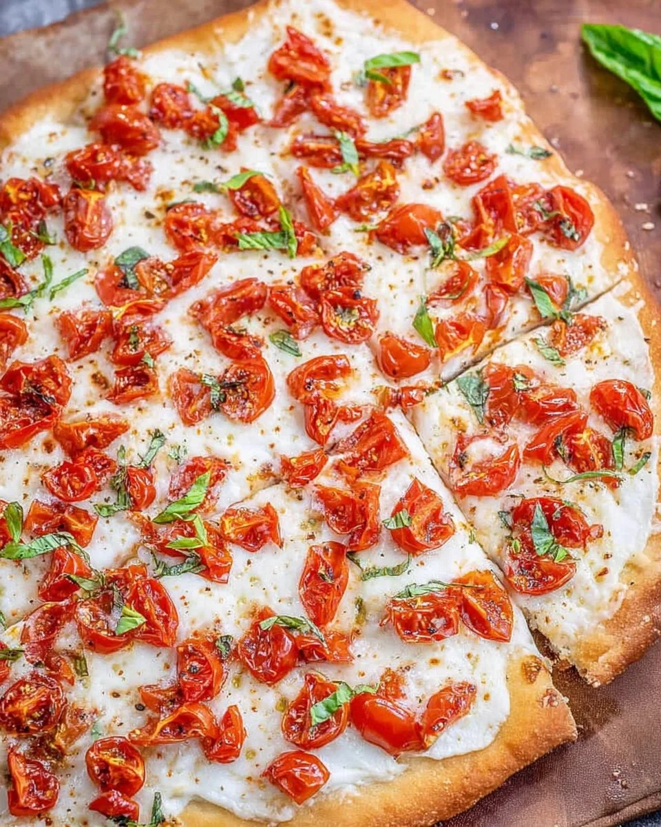 Delicious bruschetta pizza topped with fresh tomatoes and basil