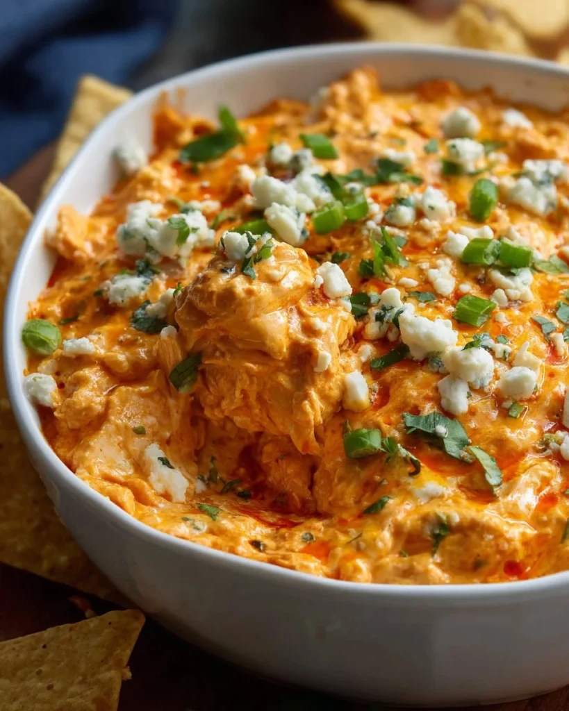 Creamy Buffalo Chicken Dip served with tortilla chips and fresh vegetables