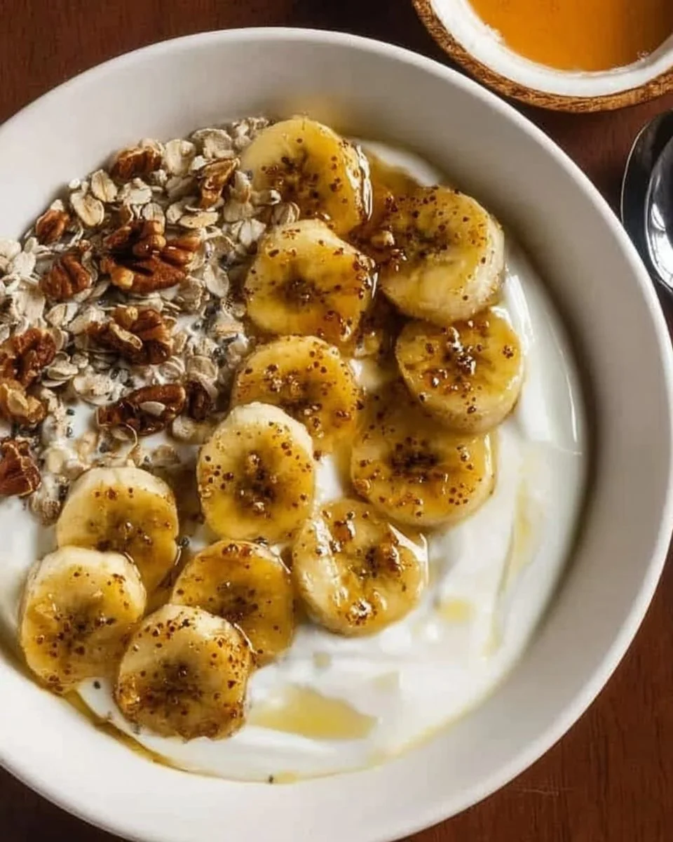 Creamy Burnt Bananas Foster Yogurt Bowl topped with caramelized bananas