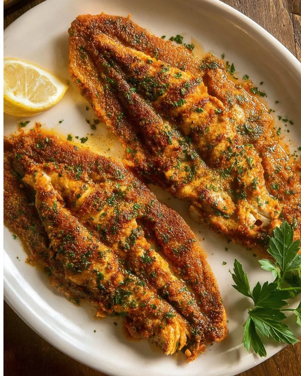 Delicious Cajun baked catfish served with fresh vegetables and herbs.