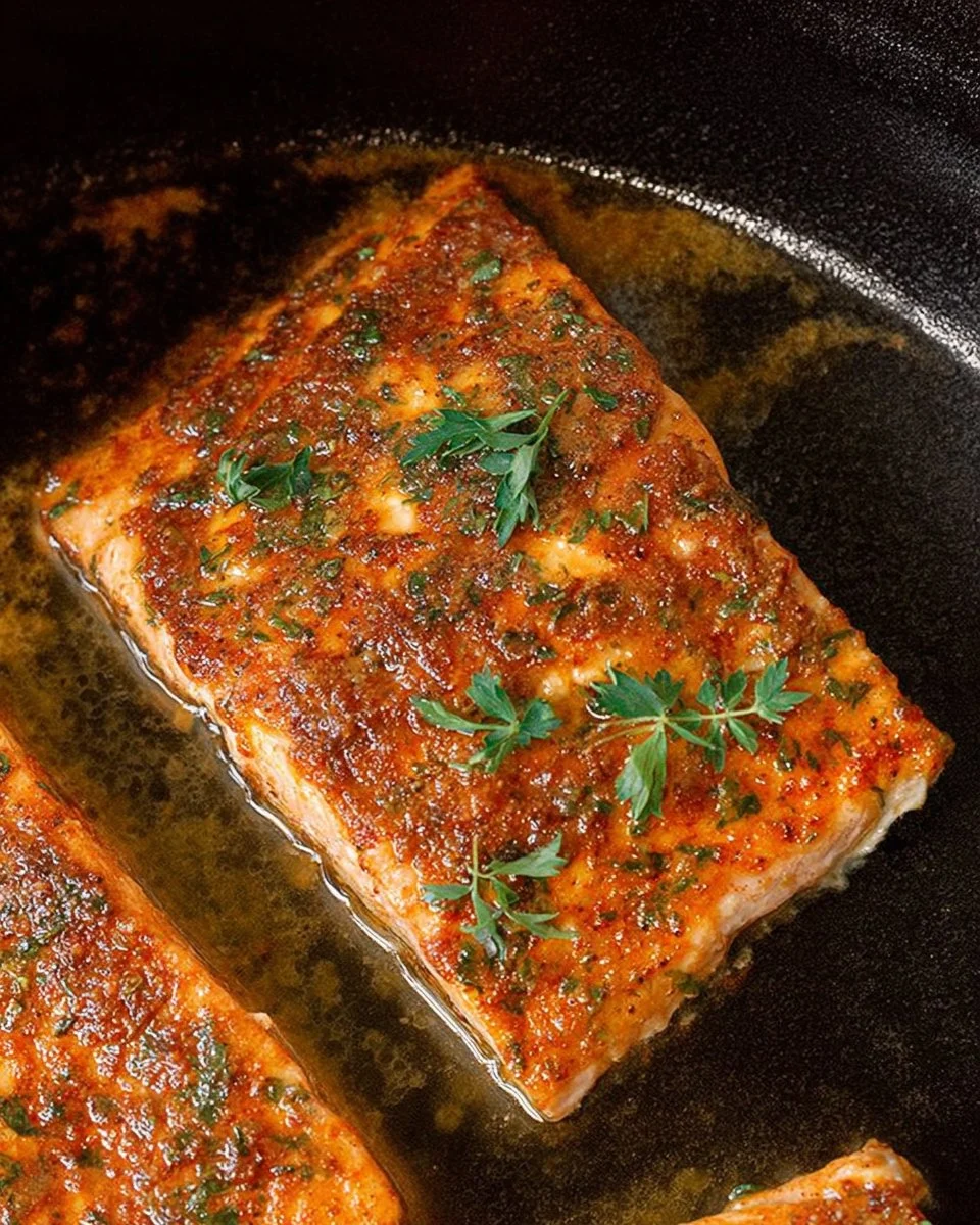 Cajun Honey Butter Salmon served on a plate with herbs and garnishes
