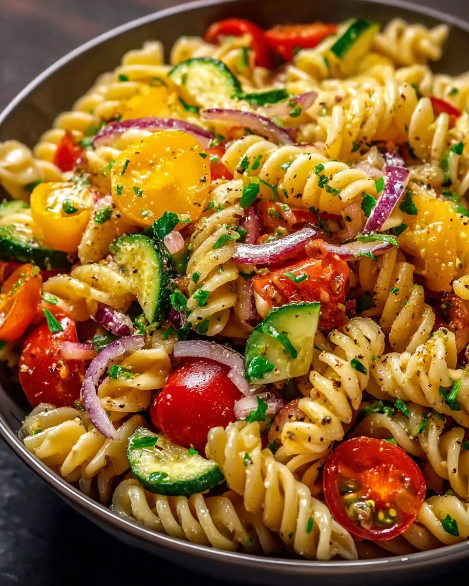 Colorful California Pasta Salad loaded with fresh vegetables and flavors