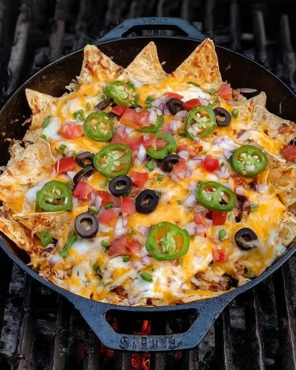 Healthy campfire nachos loaded with toppings, served in a rustic setting