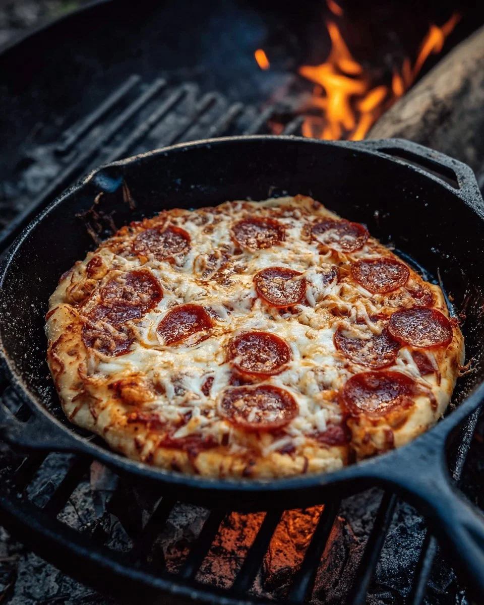 Delicious campfire pizza cooked over an open flame