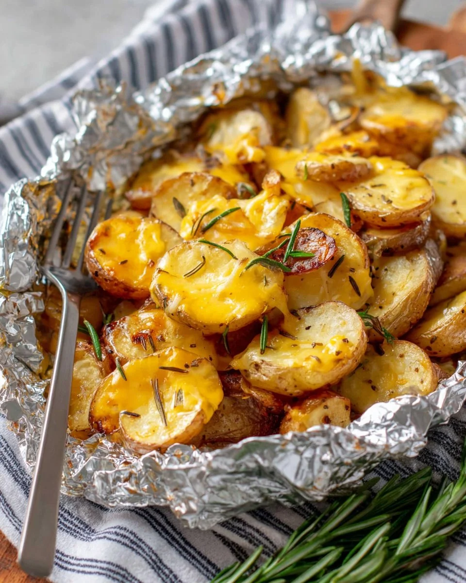Delicious campfire potatoes dish served in a rustic setting outdoors.