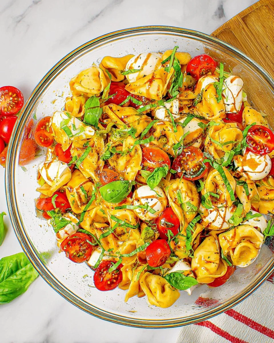 Colorful Caprese Tortellini Pasta Salad with mozzarella, tomatoes, and basil.
