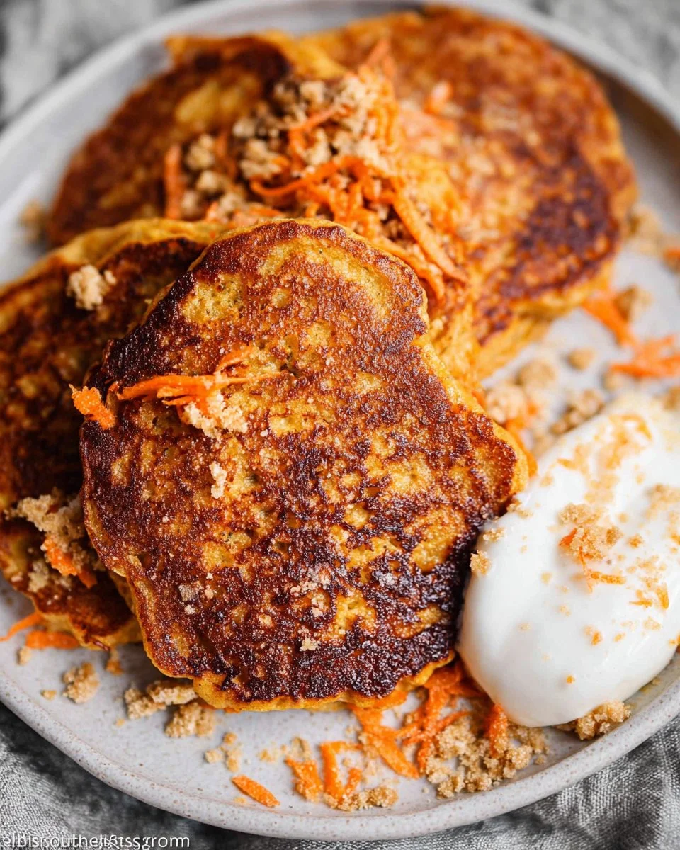 Healthy carrot oatmeal pancakes topped with maple syrup and fresh carrots