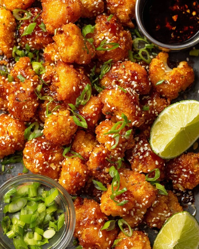 Crispy cauliflower bites served with dipping sauce on a plate