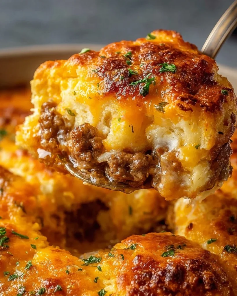 Cheddar Bay Ground Beef Cobbler served in a dish with a golden crust