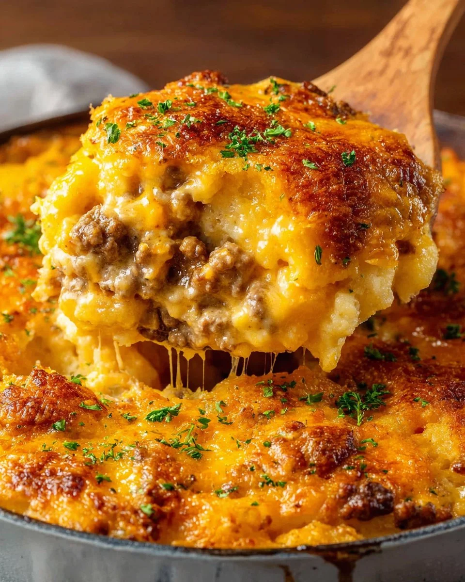 Cheddar Bay Hamburger Casserole topped with melted cheese and herbs