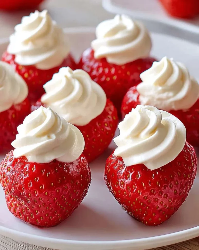 Cheesecake stuffed strawberries arranged on a plate for a delicious dessert.
