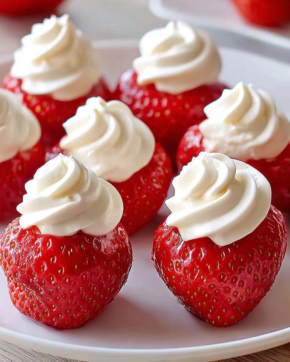 Cheesecake stuffed strawberries arranged on a plate for a delicious dessert.