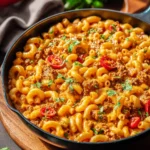 Delicious Cheesy Beefy Pasta Skillet topped with melted cheese and herbs