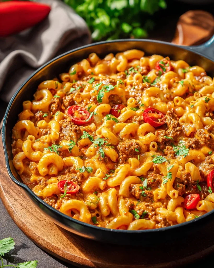 Delicious Cheesy Beefy Pasta Skillet topped with melted cheese and herbs