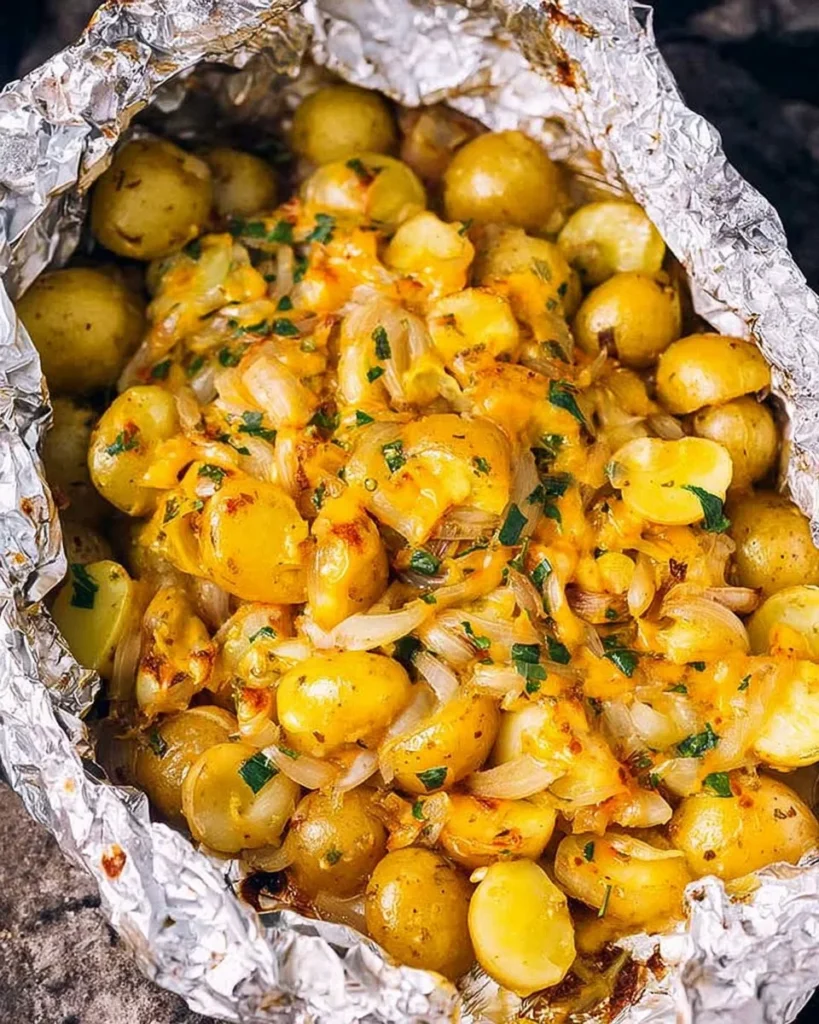 Cheesy campfire potatoes roasted over an open fire in foil packets.